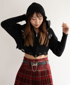 WEGO 刺繍ダメージニットWZIPパーカー