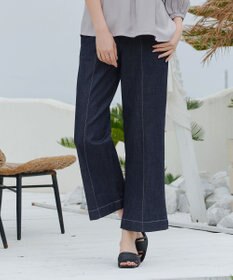 Tiaclasse 【洗える】TCデニム切替ワイドストレートパンツ