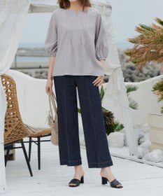 Tiaclasse 【洗える】TCデニム切替ワイドストレートパンツ