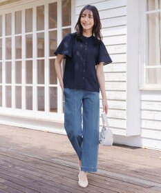 Tiaclasse 【洗える】TCデニム切替ワイドストレートパンツ