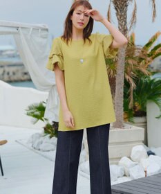 Tiaclasse 【洗える】TCデニム切替ワイドストレートパンツ