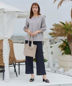 Tiaclasse 【洗える】TCデニム切替ワイドストレートパンツ