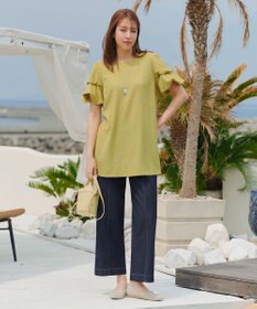 Tiaclasse 【洗える】TCデニム切替ワイドストレートパンツ