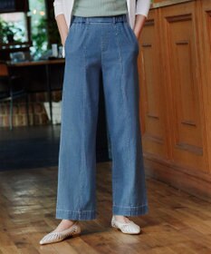 Tiaclasse 【洗える】TCデニム切替ワイドストレートパンツ