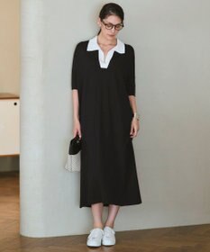ICB 【WEB限定カラーあり】VIS/NYハイゲージ 半袖ポロニットワンピース ブラック×オフホワイト