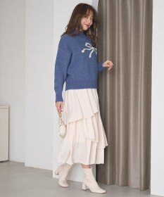 Feroux 【洗える】リボン柄ハイネック プルオーバーニット