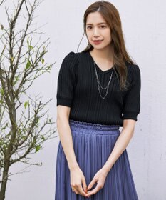 Tiaclasse L 【洗える】パフスリーブ透かし編みニットトップス