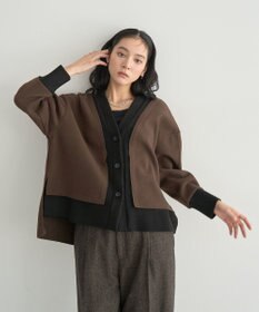 YECCA VECCA ニット切替メルトンVネックカーディガン