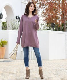 Tiaclasse L 【洗える】もっちり素材のVネックリブニットチュニック