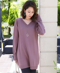 Tiaclasse L 【洗える】もっちり素材のVネックリブニットチュニック