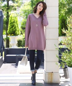 Tiaclasse L 【洗える】もっちり素材のVネックリブニットチュニック