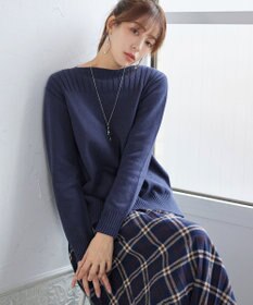 Tiaclasse 綿混リブ使いボートネックニットプルオーバー