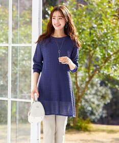 Tiaclasse 【洗える】体型カバーも叶う透け柄編みニットチュニックアンサンブル（2点セット）