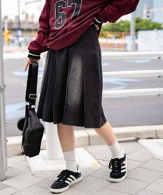 WEGO ヴィンテージウォッシュデニムプリーツミドルスカート