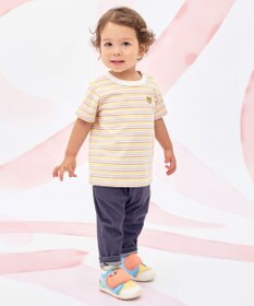 MIKI HOUSE HOT BISCUITS 【70-120cm】 みじんボーダー ワンポイント刺繍 半袖Tシャツ