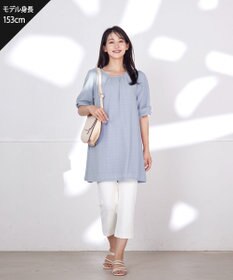 Tiaclasse L 【洗える】シアーチェックリボン袖チュニックブラウス