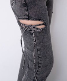 WEGO 【SMサイズ展開/伸びる】カットアウトリボンストレッチフレアデニムパンツ