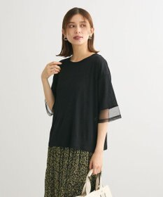 Green Parks 袖チュールドッキングシアー５分袖プルオーバー