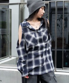 WEGO オープンショルダーチェックBIGシャツ