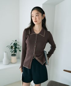 earth music&ecology バイカラートリムロングニットカーディガン