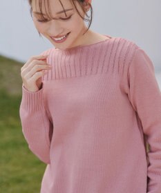 Tiaclasse 綿混リブ使いボートネックニットプルオーバー