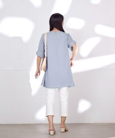 Tiaclasse L 【洗える】シアーチェックリボン袖チュニックブラウス