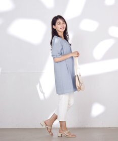 Tiaclasse L 【洗える】シアーチェックリボン袖チュニックブラウス