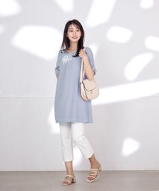 Tiaclasse L 【洗える】シアーチェックリボン袖チュニックブラウス