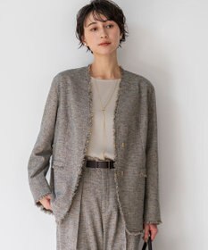 美品 23区 洗える ノーカラージャケット リネンライク ストレッチ 44 リネンライクブッチャー フリンジノーカラージャケット / 23区 S
