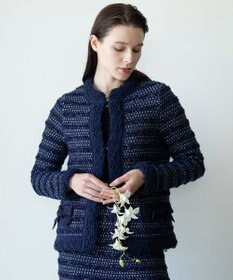 自由区 【カトリエムブーケ】Tweed melange フリンジジャケット ネイビー系