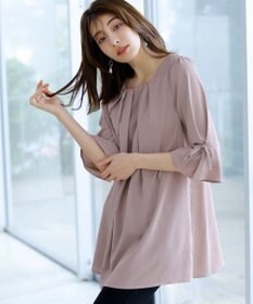 Tiaclasse L 【洗える】リボン付きタックスリーブチュニックブラウス