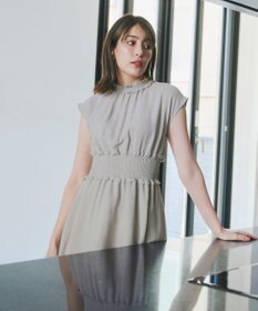 Tiaclasse 【洗える】麻調シャーリングハイネックワンピース