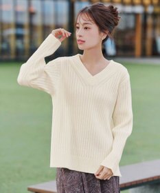 Tiaclasse L 【洗える】Vネックリブ編みニット