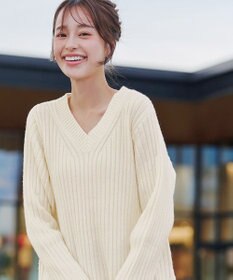 Tiaclasse L 【洗える】Vネックリブ編みニット