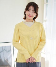 Tiaclasse L 【洗える】Vネックリブ編みニット