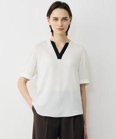 ICB 【先行予約】BackSatinAmunzen 5分袖Vネック配色ブラウス