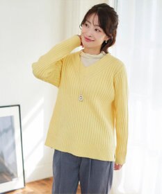 Tiaclasse L 【洗える】Vネックリブ編みニット