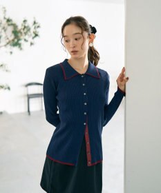 earth music&ecology バイカラートリムロングニットカーディガン