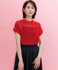 組曲 【WEB限定・前後着用可】メッシュニット 襟付き半袖カーディガン