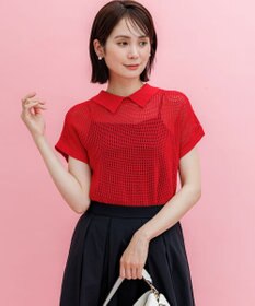 組曲 【WEB限定・前後着用可】メッシュニット 襟付き半袖カーディガン