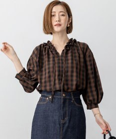 新品タグ付き　オンワード樫山　　　　　　 自由区　ブラウンチェックフリルブラウス 新品タグ付き オンワード樫山 自由区 ブラウンチェックフリルブラウス
