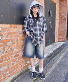 WEGO 【ユニセックス着用ITEM/MLサイズ展開】オンブレチェックフードシャツ（SS）