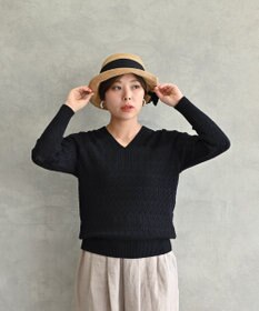 muuc 〈コットン100%強撚糸〉〈通気性が高いドライタッチな素材〉透かし編み 袖口リブ Vネック プルオーバー