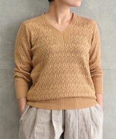 muuc 〈コットン100%強撚糸〉〈通気性が高いドライタッチな素材〉透かし編み 袖口リブ Vネック プルオーバー