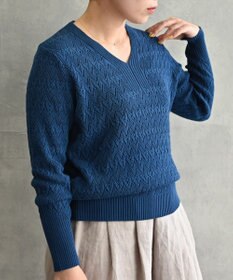 muuc 〈コットン100%強撚糸〉〈通気性が高いドライタッチな素材〉透かし編み 袖口リブ Vネック プルオーバー