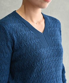 muuc 〈コットン100%強撚糸〉〈通気性が高いドライタッチな素材〉透かし編み 袖口リブ Vネック プルオーバー