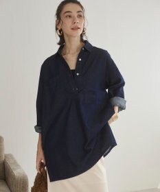 WEGO 【ANGIE VINTAGE】襟が選べる デニム チュニック シャツ （バンドカラー/レギュラーカラー）