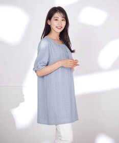 Tiaclasse L 【洗える】シアーチェックリボン袖チュニックブラウス