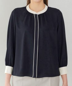 Tiaclasse イージーケア配色スタンドカラーブラウス