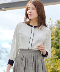 Tiaclasse イージーケア配色スタンドカラーブラウス